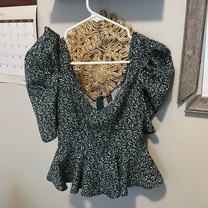 Dark green floral blouse, slightly cropped